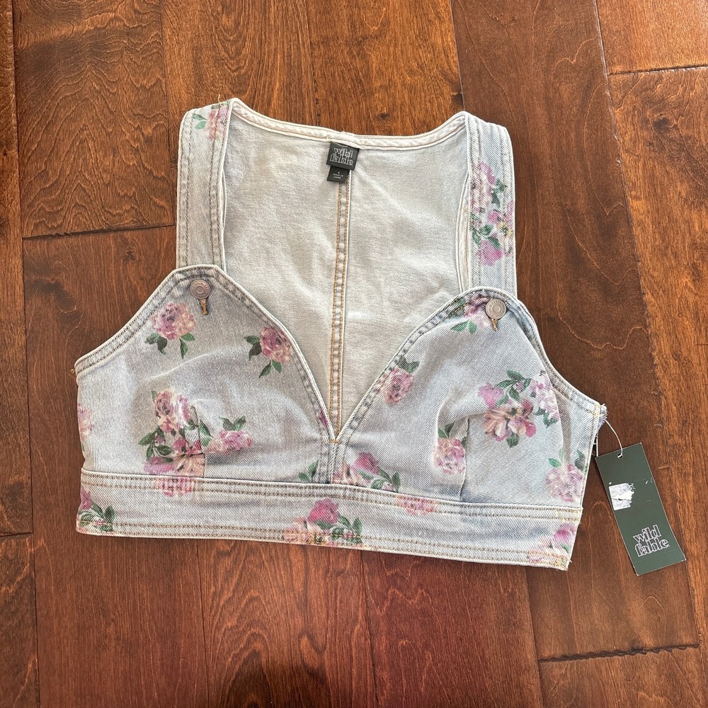 Wild Fable XS Cropped Denim Jean Top Vest Floral Pink Blue Coquette NEW